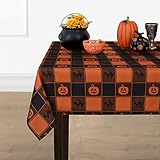ASPMIZ Halloween Tablecloth, Plaid Checkered Table Cloth with Cat and Pumpkin, Orange and Black Tablecloths, Machine Washable Tablecloth Square for Dinner Party Decoration, 55 x 55 inch