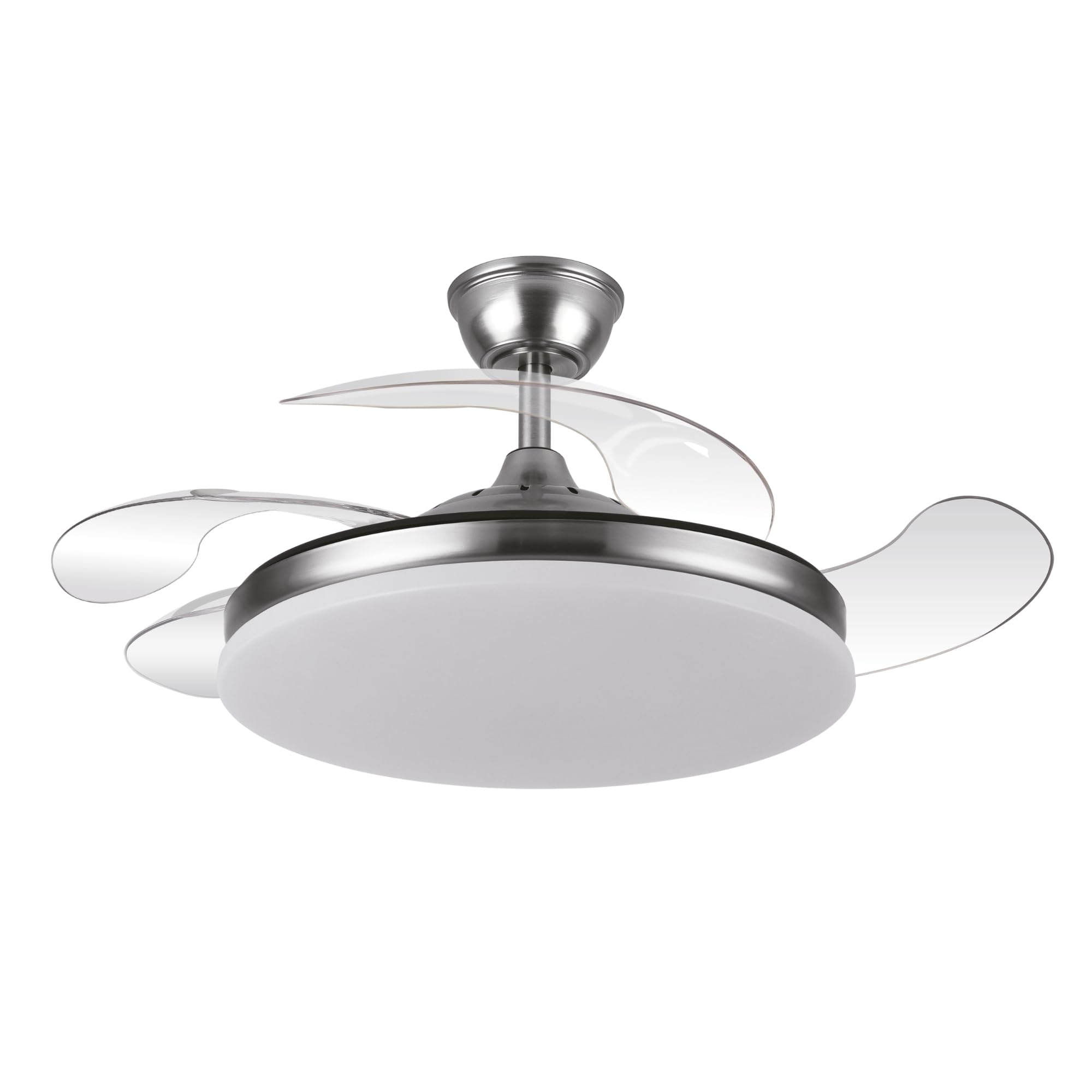 Yatek KALA Wentylator Sufitowy LED Nikiel, chowane przezroczyste łopatki, cichy silnik DC, pilot, ściemniane światło 59 W, 6980 lm, 6 prędkości, funkcja lato/zima, Ø 107 cm