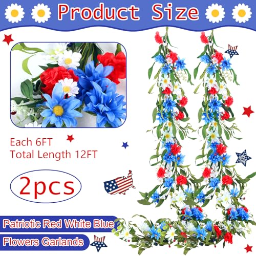 Image of XunYee 2 Pcs 6 ft 4th of July Patriotic Garlands for Mantle, Red White Blue Flower Garland Decorations for Memorial Day 250th Anniversary Independence Day Mantel Door Table Fireplace Tree Stairs