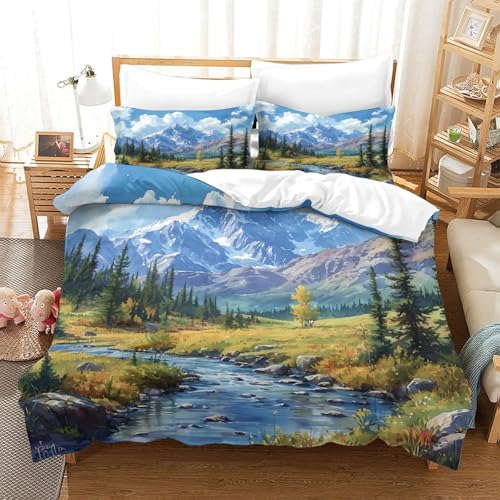 Housse de couette montagne 3D anti-acarien parure lit microfibre fermeture éclair