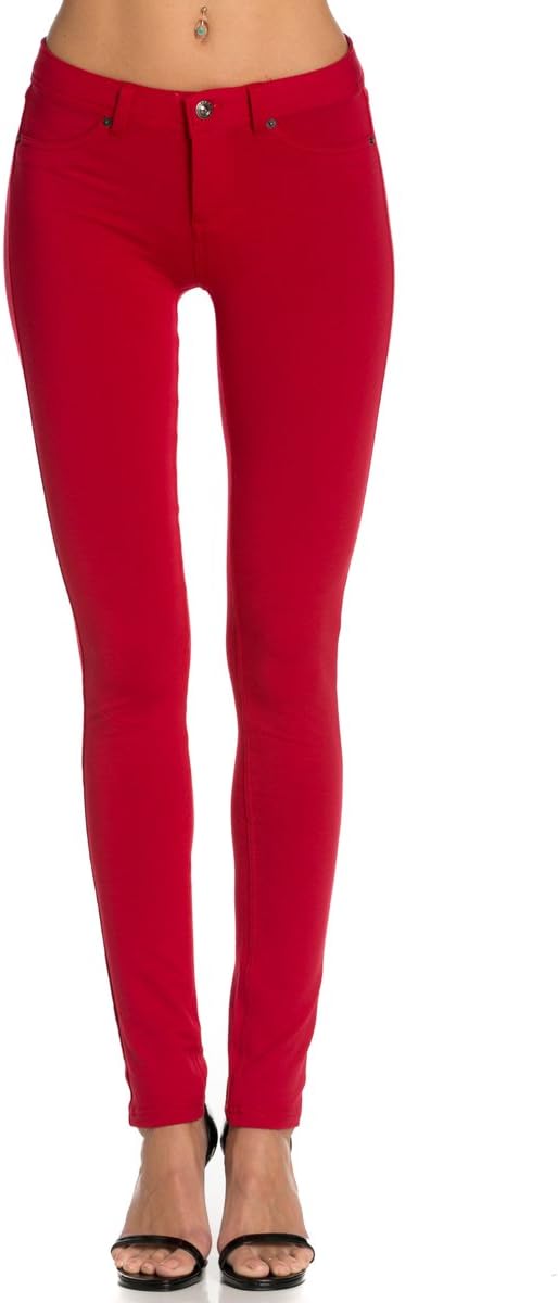 Poplooks Women's Casual Mid Rise Stretch Skinny Knit Jegging Pants Red X-Large