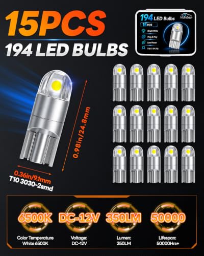 Image of 15PCS 194 LED Bulbs, T10 168 2825 W5W LED Replacement Bulbs, 6500K White