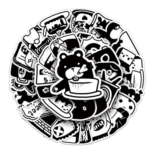 Paquete de 50 calcomanías de vinilo minimalistas en blanco y negro con dibujos animados estéticos, graffiti, impermeables, para laptop, maleta, monopatín, diario, adolescentes, niñas y adultos