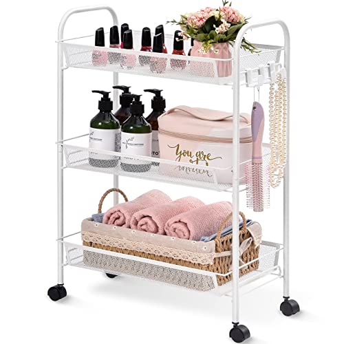 APEXCHASER 3-Tier Rolling Cart,Easy Assemble Mobile Storage Trolley On Wheels,Slide Out Utility Cart Shelving Units Kitchen Bathroom Laundry Room,White