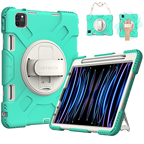 SUPFIVES Case for iPad Pro 11 2022 with Pencil Holder, Upgraded Military Grade Shockproof Silicone Cover+ Handle+ Shoulder Strap+ Rotating Stand for iPad Pro 11 inch 4rd Gen 2021/2020-Emerald Green