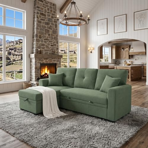 Image of KEIKI 71 inch Sectional L Shaped Pull Out Sofa Bed, Sleeper Sofa with Reversible Chaise, 3 Seater Modular Sectional Sofa with Storage for Living Room, Dark Green