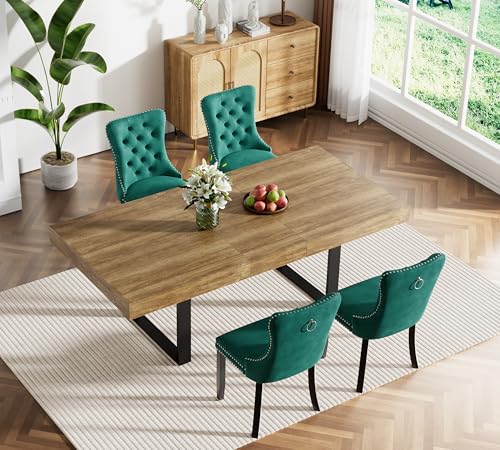 Image of Brown Dining Room Table Set for 4, 5-Piece 63 inch-78.74 inch Extendable Dining Table Set with 4 Upholstered Chairs, Rectangle Wooden Expanding Kitchen Table and Green Chairs Set