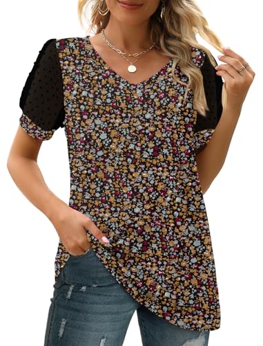 Image of Aokosor Womens Summer Tops V Neck T Shirts Swiss Dot Puff Sleeve Tops Loose Casual Tshirts