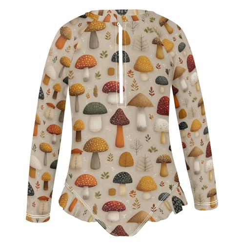 Girls Swimsuit Cute Mushrooms Leaves Long Sleeve One Piece Bathing Suit for Kids UPF 50+ Rash Guard Swimwear 3-123