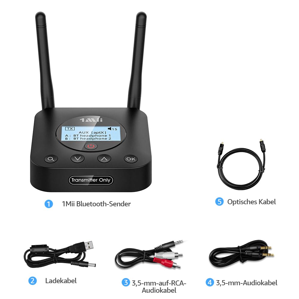 1Mii B06TX+ Bluetooth 5.3 Transmitter für TV mit Display, aptX Adaptive/HD/LL, Dual Link für 2 Kopfhörer, PC & Projektor, hohe Reichweite, Optical 3.5mm RCA Koaxial