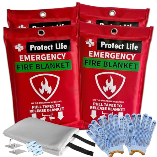 Protect Life Saving Emergency Fire Blankets 4 Pack - 40"x40", Fiberglass Fire Blanket for Home & Kitchen - Fire Suppression or Retardant Tarp - Fire Safety Kit for Car or Camping