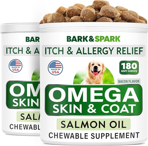 Image of BARK&SPARK Omega 3 for Dogs - 360 Fish Oil Treats for Dog Shedding, Skin Allergy, Itch Relief, Hot Spots Treatment - Joint Health - Skin and Coat Supplement - EPA & DHA Fatty Acids - Salmon Oil -Bacon
