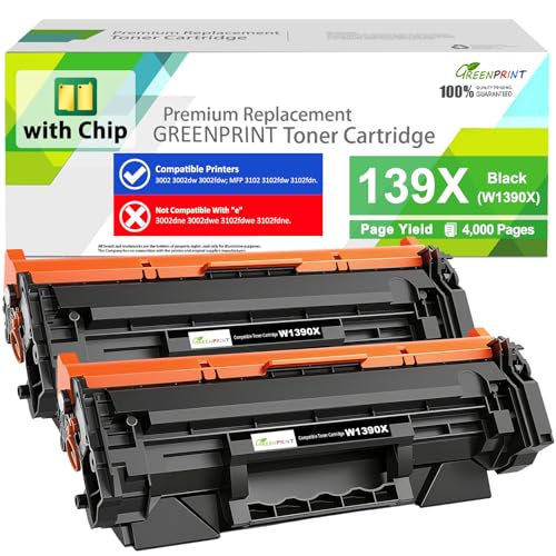 GREENPRINT 139X W1390X ( 139A W1390A ) with CHIP Compatible Toner Cartridges 2 Blacks High Yield 4000 Pages for 3002dw 3002fdw 3102fdw 3102fdn, Can't Work with H P + Printer Model End with ''e''