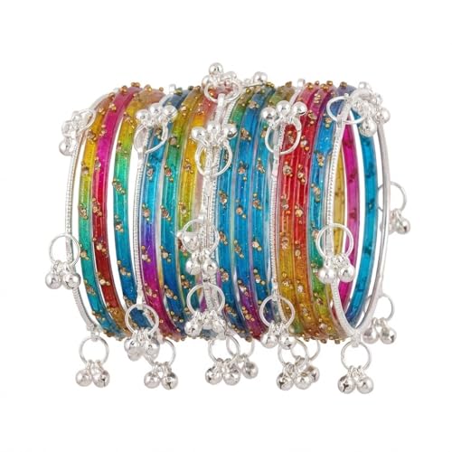 Image of MM Jewls Multicolor Glass Bangles Set Size with Silver Ghungroo Charms | Designer Ethnic Indian Chudi for Women | Party, Festive & Wedding(Pack of 18)
