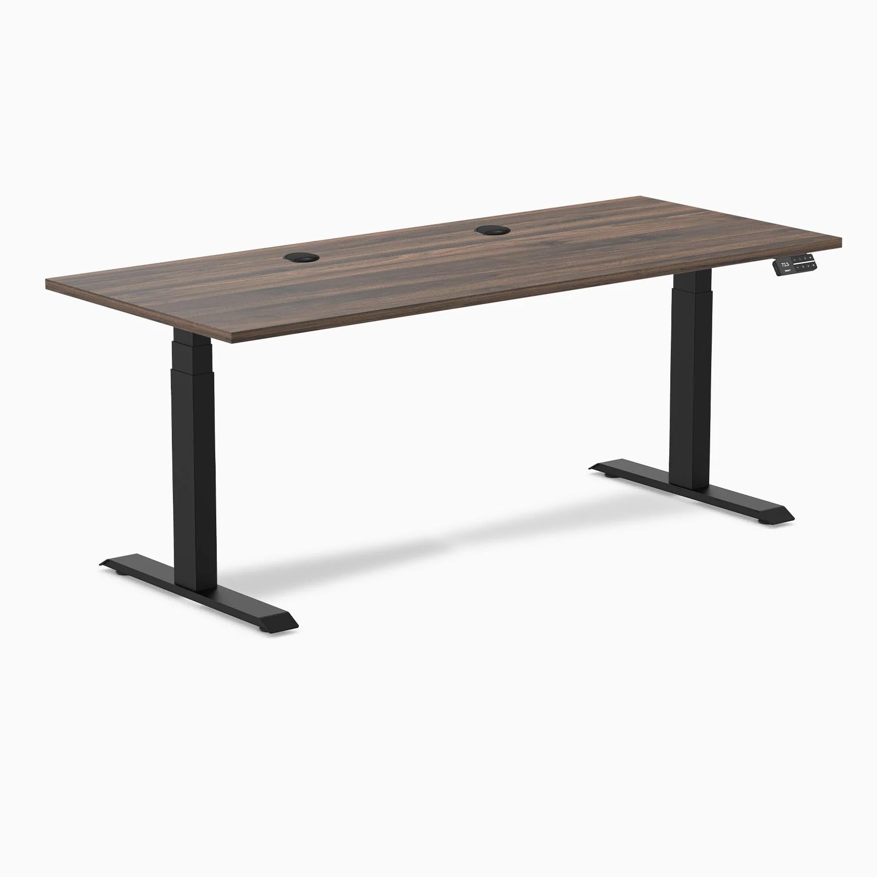 Desky Dual Laminate Sit Stand Desk Jarrah Legno 70.9" Grommets Matte Black