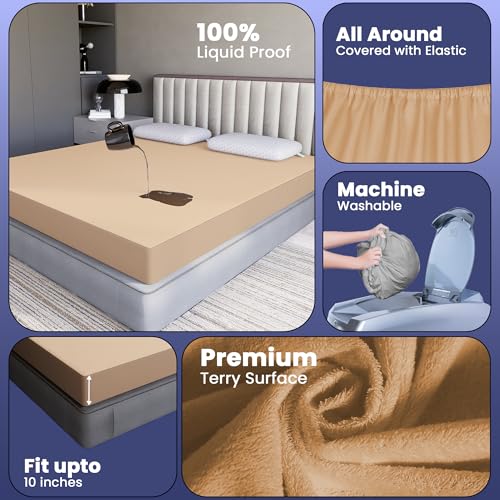 Image of CareFoam 100% Waterproof Premium Cotton Mattress Protector | Breathable and Hypoallergenic Ultra Soft Fitted Bed Protector | King XL - 78 x 72 Inch, Fits 10 Inch Beige | Standard King beds