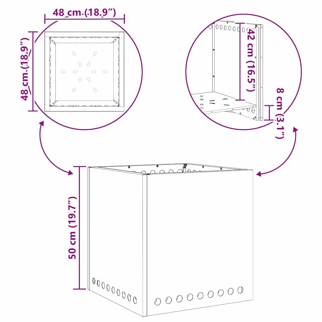 Braciere senza fumo, marrone, 48 x 48 x 50 cm, in acciaio resistente alle intemperie, quadrato, resistente alle intemperie, per terrazza, giardino, balcone, efficiente circolazione dell'aria