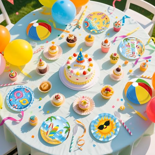 Image of 60 Pcs Beach Pool Party Paper Plate 7 inch Heavy Duty for Summer | Beach Hawaii Theme Disposable Dessert Cake Platters for Luau Hawaii Swimming BBQ Birthday Party Supplies Decorations