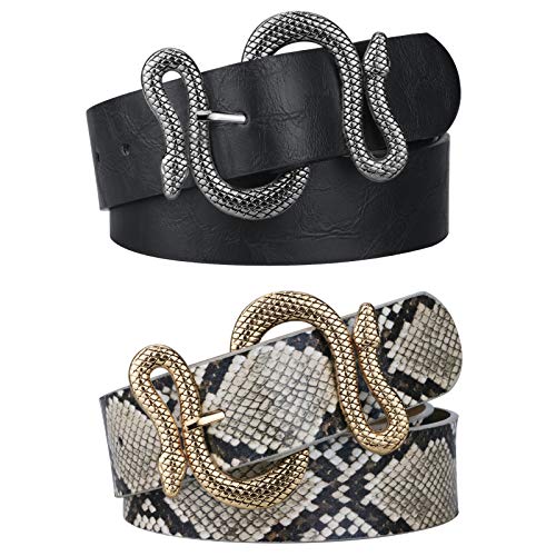 Ledergürtel für Damen, modisch, PU-Leder, Jeanskleid, Schlangen-Schnalle, 2 Stück, Schwarz 1 + Gold 2, Taille 84/91 cm Cover