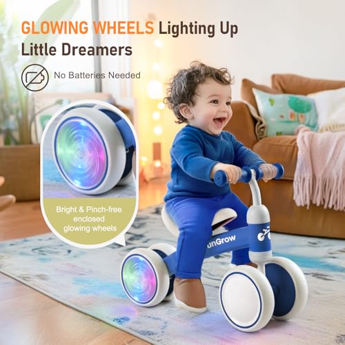 Image of Colorful Lighting Baby Balance Bike Toys for 1 Year Old Boys Gifts, Balance Bike 1 Year Old No Pedal, 12-24 Months Toddler Ride on Toys with 4 Silent Wheels & Soft Seat, 1st Birthday Gifts, Blue
