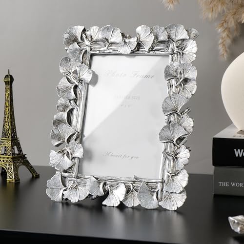 4x6 Silver Picture Frame, Vintage Silver Ornate Leaf Textured Hand-Crafted Resin with Glass Front Antique Photo Frame for Tabletop Display, Retro Design Home Decor