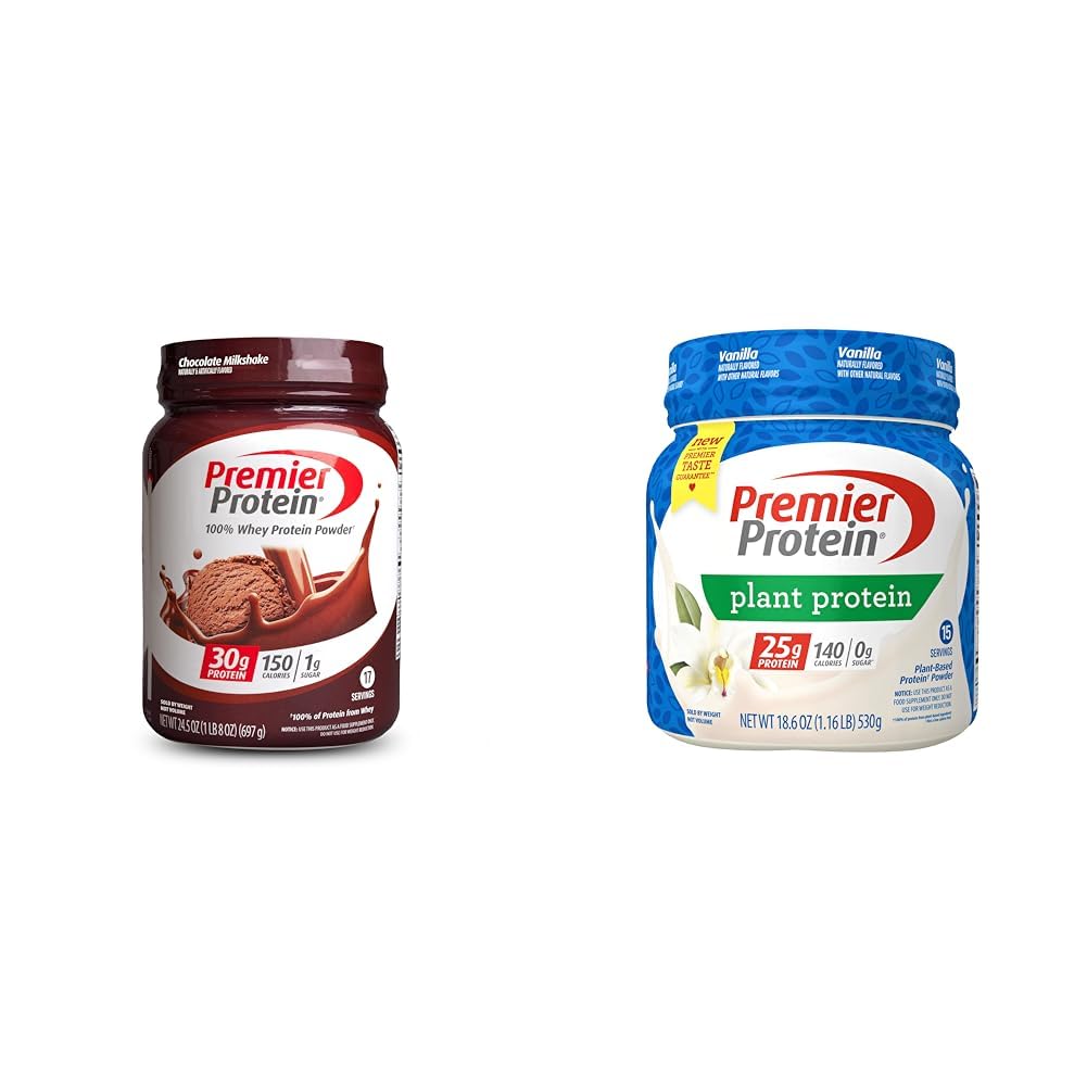 Premier ProteinPowder Bundle - Chocolate Milkshake Whey, 30g Protein, 17 Servings (Pack of 1) & Vanilla Plant Protein, 25g Protein, 15 Servings