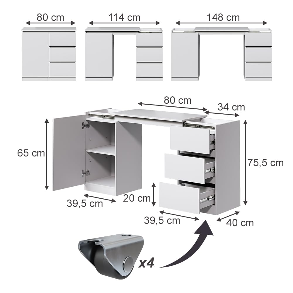 Vicco Cómoda con función Escritorio Varino, Blanco, 80 x 75.5 cm | extensible