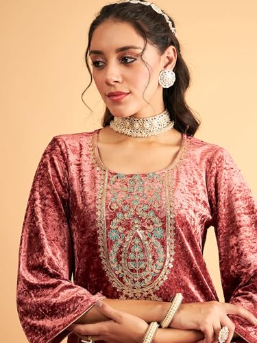 Image of Women's Velvet Floral Embroidered Straight Kurta | Round Neck Three-Quarter Sleeve Calf Length Kurti with Thread Work