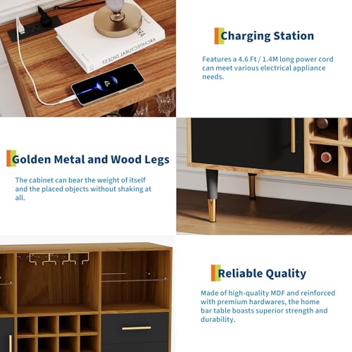 Image of 47 inch Bar Cabinet with LED Lights & Charging Station, Freestanding Liquor Cabinet with for Living Room, Decorative Kitchen and Living Room Compact Wine Bottle Storage for Living Room, Brown