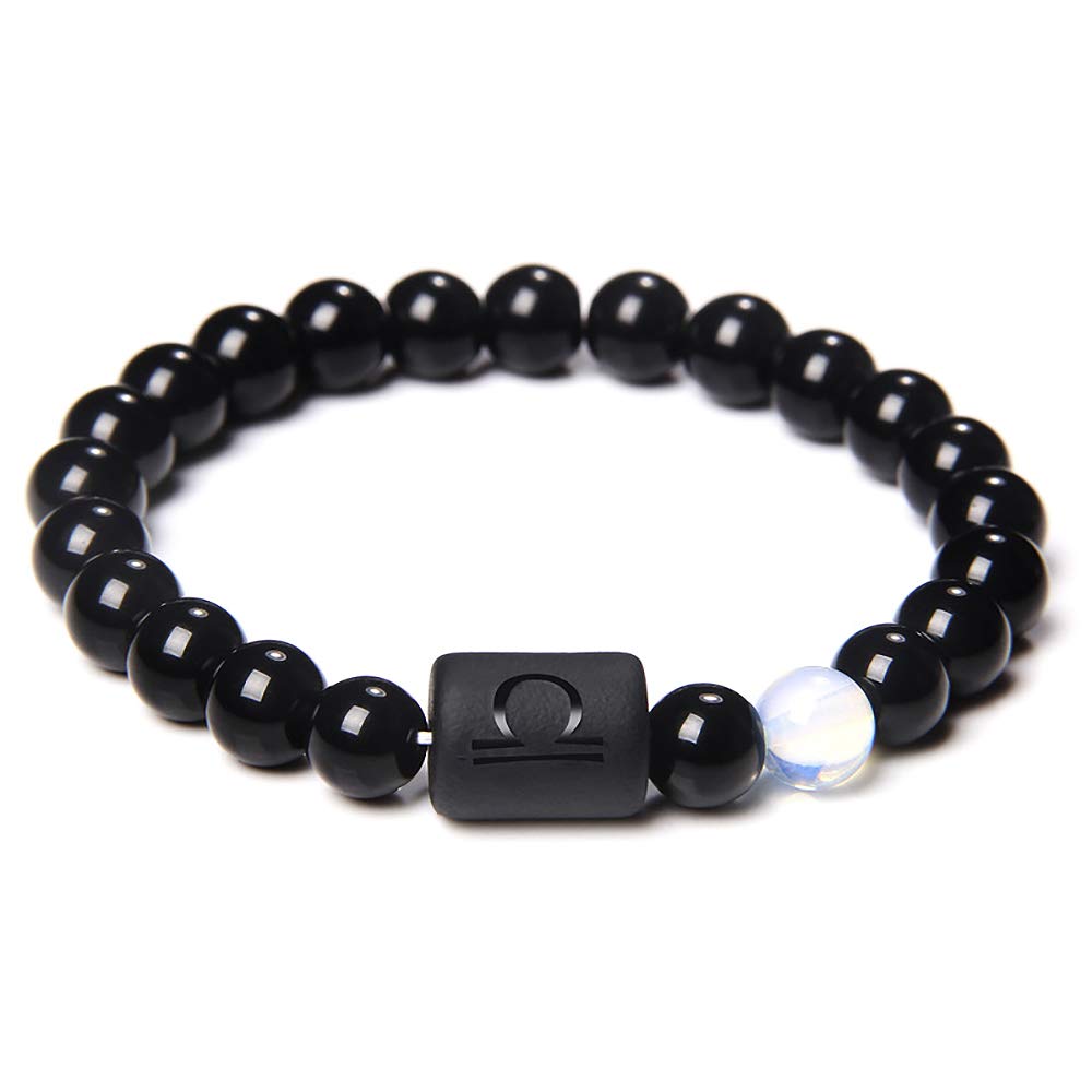 XUN Zhe12 Constellations 8mm Agate Beads Bracelet Natural Black Onyx Horoscope Zodiac Couple Bracelet Distance Friendship Jewelry for Women Men (Libra), One Size