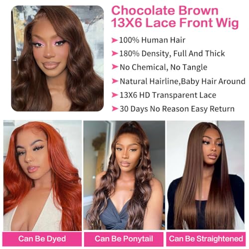 Image of abbildung 30inch Highlight Ombre Lace Front Wig Human Hair 13x6 HD Honey Blonde 4 /27 Deep Wave Lace Frontal Wigs Glueless Wigs Human Hair (Chocolate Brown, 28inch, Body wave)