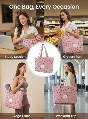 Image of TeeYee Women's Large Corduroy Tote Bag Zippered Shoulder Bag with Pockets | Strawberry Print Bag,Fits 15.6 inch Laptop,Wide Shoulder Straps,Large Capacity,Everyday Tote Bag,Multiple Pockets Design