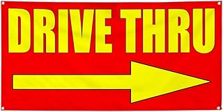 Vinyl Banner Sign Drive Thru with Right Arrow Style T Marketing Advertising Red - 12inx30in, 4 Grommets, One Banner