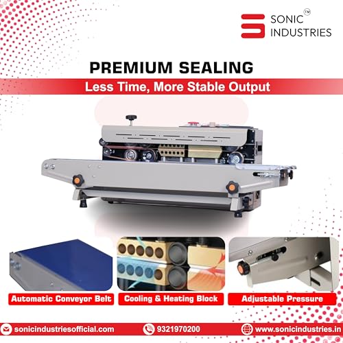 Image of Sonic Industries FR900 Band Sealer Machine for Food Packaging | Heavy Duty Pouch Sealing Machine | Continuous Band Sealer for Plastic, Foil & Laminated Bags | Adjustable Temperature & Speed
