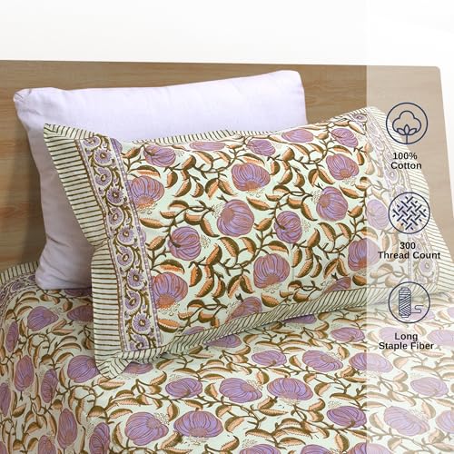 Image of TOAI Hand Block Printed Bedsheet | Bed Spread Flatsheet Bed Sheet | Pure Cotton | Single Bed Size 60 inchx90 inch | 300 TC Long Staple Cotton | 1 Reversible Pillow Cover |Royal Moments
