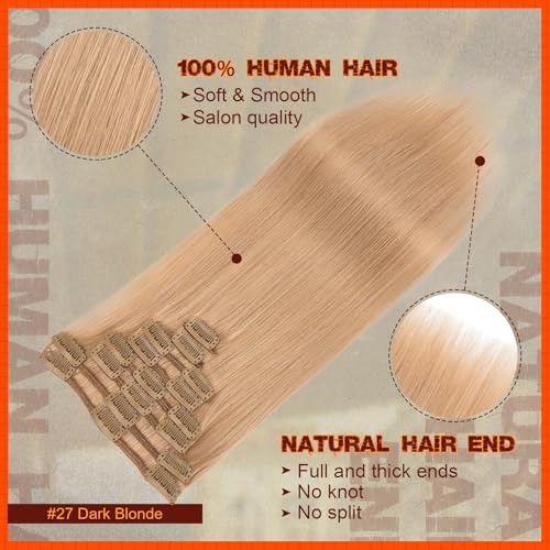 Image of Benehair Clip in Hair Extensions Real Human Hair Black Hair Extensions Clip in Human Hair Long Straight Remy Natural Full Head 8pcs 10inch #27 Dark Blonde
