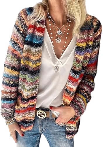 Women's Rainbow Striped Cardigan Sweater Chunky Long Sleeve Multicolor Open Front Sweater Soft Outerwear Coats