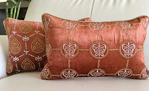 Image of TARA- Sparkling Homes 12 x 18 Inches Embroidered Velvet Cushion Covers, 'Padmini' from 'The Royal Collection', Set of 1 (Burnt Orange, 12 x 18 Inches)