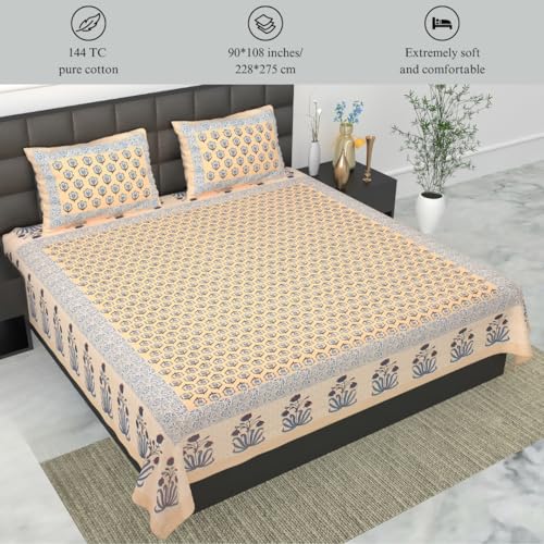 Image of Jaipur Weaves Jaipuri Double Bed Cotton Bedsheet Queen Size 90x85, 120 TC 100% Pure Cotton Bed Sheet with 2 Pillow Covers, Floral Traditional Print (Aqua, Queen)