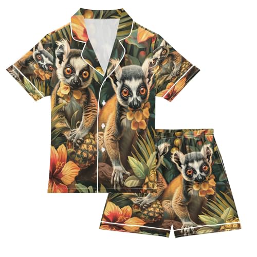 Satin Pajama Sets Short Sleeve Tropical Lemurs Floral Backgrounds Button Down Silky Nightwear 2 Piece PJS 5-14Y