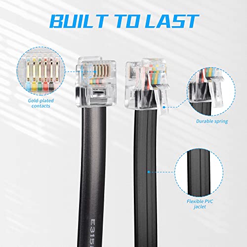 RIIEYOCA 6 Zoll kurzes RJ12 gerades Kabel 6P6C männlich zu männlich flaches Telefonkabel, kompatibel mit Daten und Sprache (Schwarz, 10Pack)