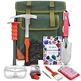 13-Piece Set - Geological Rock Pick and Hammer Set, Rockhound Field Guide - Backpacking Portable Chisel and 32-Ounce Hammer Set - Tools for Rock Hounding and Gold Mining (Red)