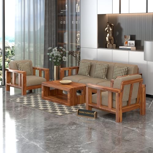 Image of Solid Sheesham Wood 5 Seater Sofa Set (3+1+1) for Living Room | Stylish & Durable 5 Seater Sofa for Home & Office Furniture (Evans Honey, 5 Seater)