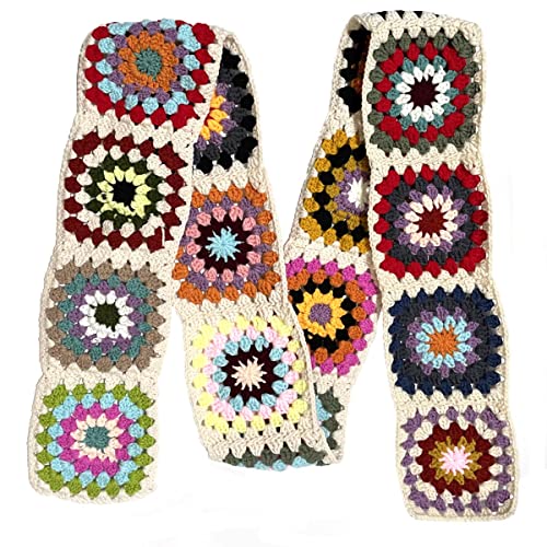 BIBITIME Handmade Knit Colorful Grid Floral Granny Square Scarf Crochet Warm Neck Warp Women Lady Winter (One Size, Multi Random)4