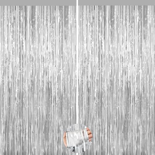 Image of Silver Foil Curtain Backdrop, 2Pack Silver Metallic Tinsel Foil Fringe Curtains Photo Booth Props for Birthday Wedding Engagement Bachelorette Baby Shower Christmas Celebration Disco Party Decorations