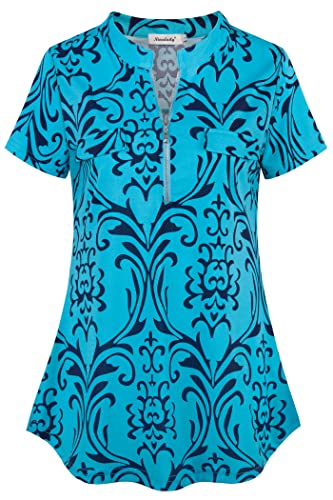 Ninedaily Women's Summer Tops Short Sleeve Casual Blouse Zip Floral Tunic Shirts