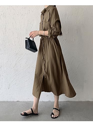 Image of Women Roll-Up Long Sleeve Button Down Shirt Midi Dress