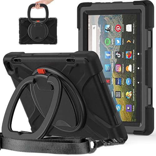 Kindle Fire HD 8& Fire HD 8 Plus�^�u���b�g��12����/��10����2024/2022�N���f���ɑΉ��B���ϋv�ϏՌ��P�[�X�A��]���L�b�N�X�^���h�n���h���V�����_�[�X�g���b�v�A�ی�J�o�[(�u���b�N)