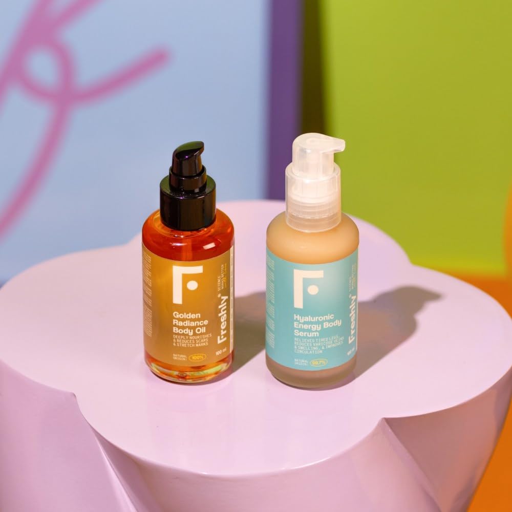 Freshly Cosmetics Körperöl und Serum für müde Beine zusammen in dem Smooth Body Pack. So bekommst du saftige, strahlende Haut, während du deine Beine pflegst. 100mlx2