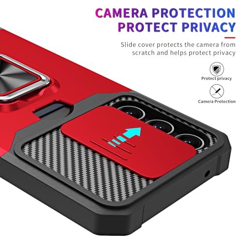 Image of LuxuryKase Shockproof Armor Case for Samsung Galaxy S26 | Slide Camera Cover | Hidden Card Slot | Rotating Ring Kickstand | Magnetic Car Mount Support | Military Grade Protection - Red